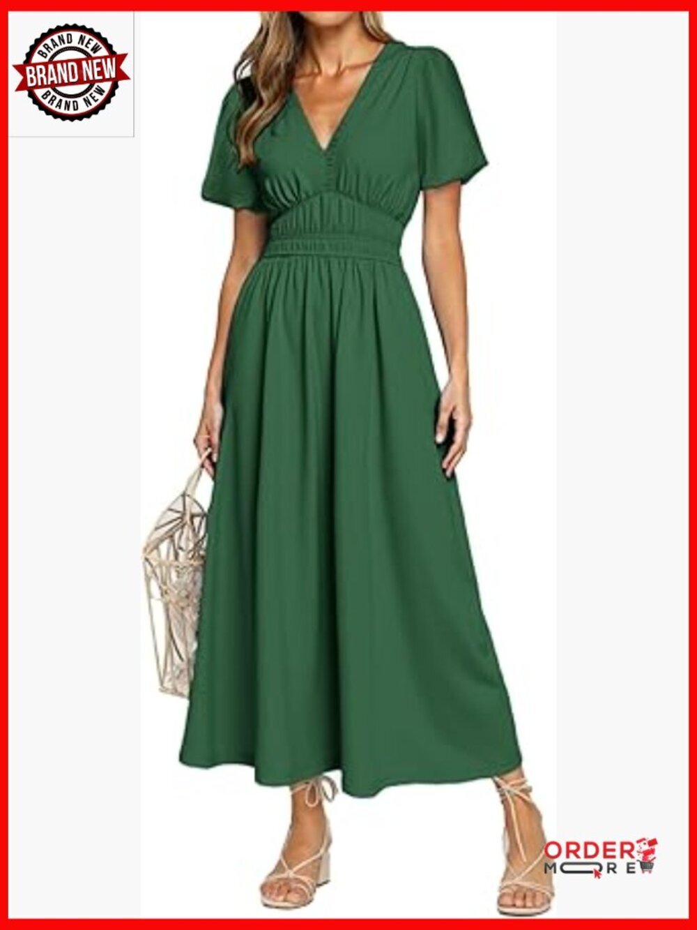 Flowy Midi Dress V Neck Short Sleeve Empire Waist Boho Beach Wedding Guest
